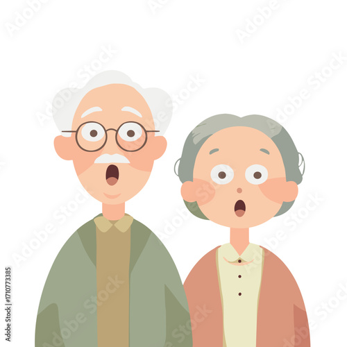 Elderly couple showing surprise on beige background