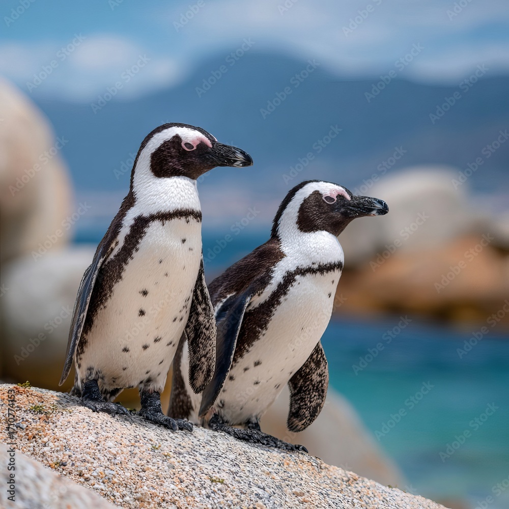 Fototapeta premium Penguin Duo: A captivating portrait of two penguins perched on a coastal rock, embodying the charm of nature. The scene presents the penguins' distinctive black and white plumage.