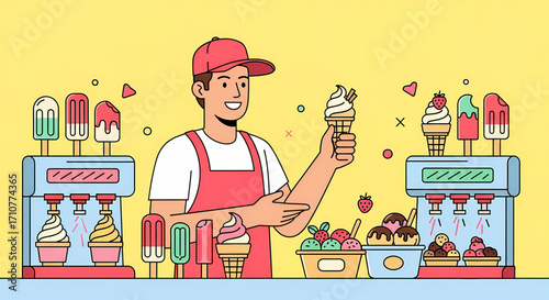 Smiling ice cream vendor serving frozen treats from machines and tubs