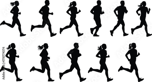 Running silhouettes, athletic motion, fitness concept, black figures, jogging sequence, sports animation, dynamic pose, health lifestyle, male female runners, movement study