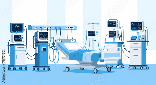 Modern Hospital Intensive Care Unit with Medical Equipment and Bed