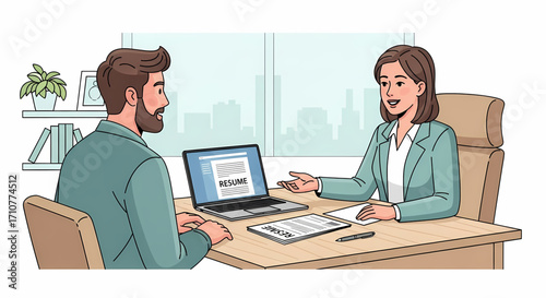 Job interview scenario with a candidate and interviewer at a desk with a laptop showing a resume.