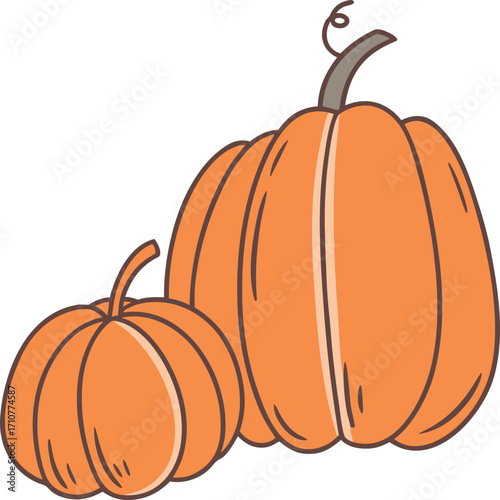 Two orange pumpkins with brown stems and outlines gourds