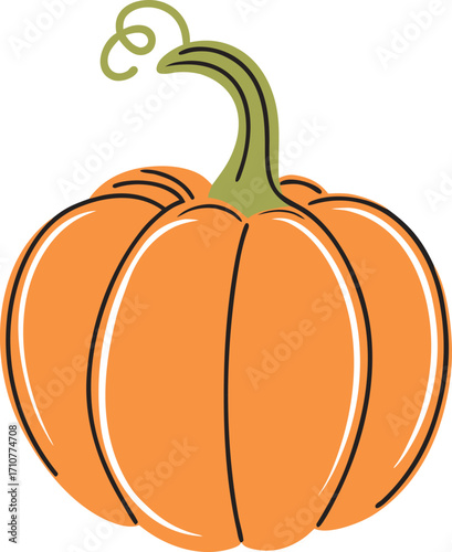 Orange pumpkin with green stem and curly vine vector
