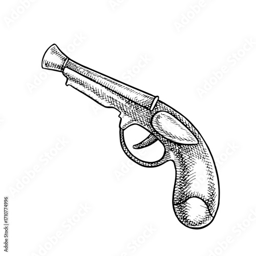 A historical vintage pistol. Black and white graphics, vector illustration. Hand-drawn. For decorating children s games and holidays. For stickers, invitation cards, posters and banners, packaging.