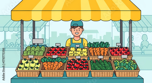 Friendly grocer at a vibrant outdoor market stall with fresh produce displays