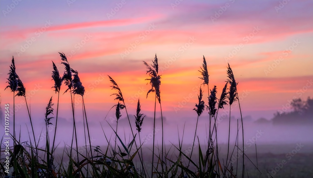Obraz premium Silhouette of reeds against a vibrant sunset sky.