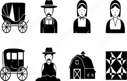 Amish Icons. Black Flat Design. Vector Illustration.
