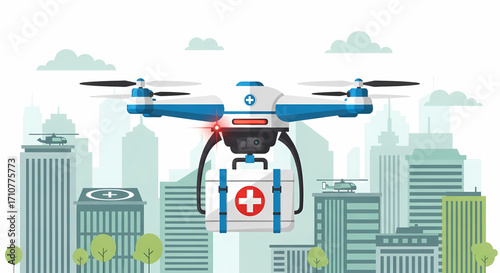 Medical drone delivering emergency supplies over city skyline with helicopters