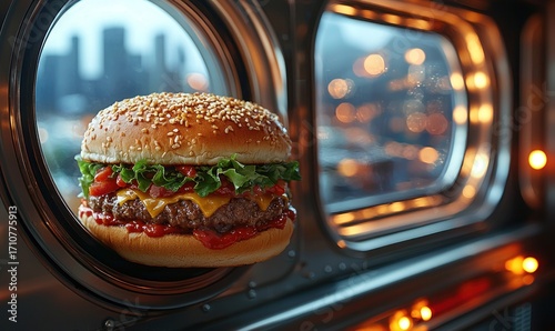 A burger floats in front of a futuristic vehicle window, showcasing a city view