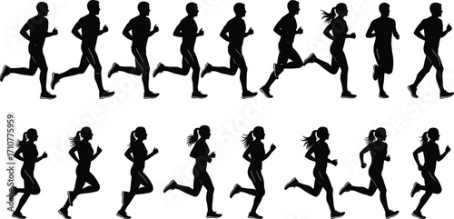 Running silhouettes, athletic motion, human stride, sports training, fitness concept, dynamic movement, male female runners, black outline, isolated figures, biomechanics study
