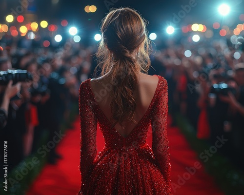Red carpet event, woman walking towards spotlight
