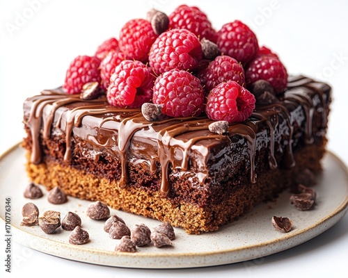 Chocolate cake topped with raspberries and chocolate chips