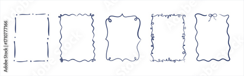 Set of whimsical hand-drawn frames with wavy and curly ribbons in trendy vintage style for birthday, Christmas, wedding invitations and cards.  doodle bows and ribbons, coquette bow details