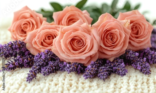 Soft pink roses and lavender on a knitted fabric