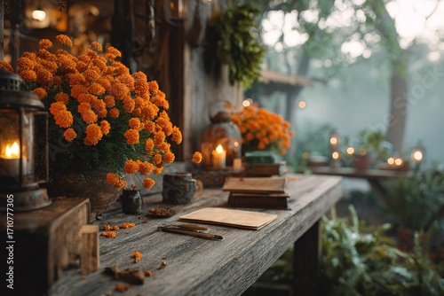 Cozy Autumn Evening Marigolds, Candles, and Rustic Charm