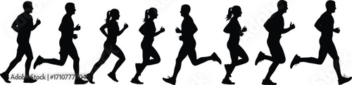 Running silhouettes, male and female runners, athletic motion, sports biomechanics, dynamic stride, fitness concept, black figures, isolated, movement study, training posture