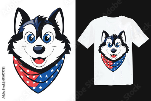 Cartoon husky dog wearing patriotic bandana on white t-shirt