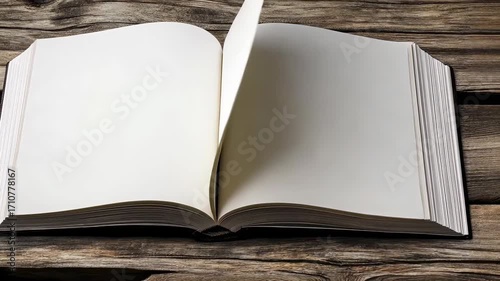 Open book resting on a wooden surface with blank pages