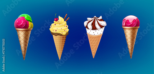 Colorful ice cream cone collection vector set on blue gradient background
