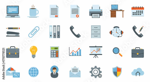 Collection of flat design icons representing office and business elements