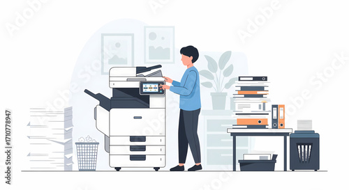 Office worker interacting with a modern copy machine surrounded by stacks of documents.