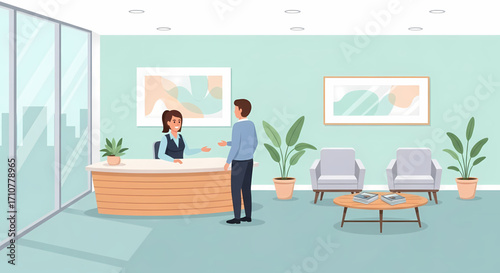 Professional Receptionist Interacting with a Client in a Modern Office Waiting Area