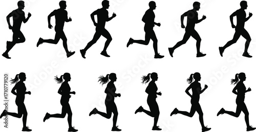 Running silhouettes, male and female, athletic motion, biomechanics, stride phases, human locomotion, sports training, animation reference, fitness, dynamic movement