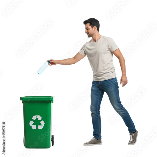 Man recycling plastic bottle into green recycle bin for environmental sustainability awareness campaign on transparent background