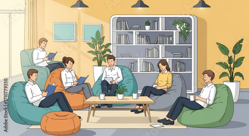 Diverse group of people reading and relaxing in a modern, comfortable lounge area with beanbag chairs and a bookshelf.