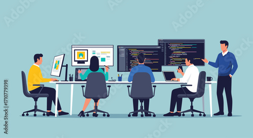 Diverse team collaborates on software development project in modern office environment vector