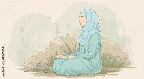 Self-love affirmations, calm woman, illustrated in soft colors