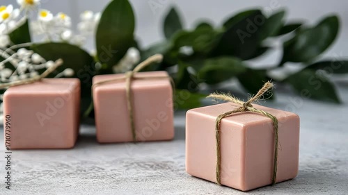 Elegant pink soap cubes with natural accents on a textured surface