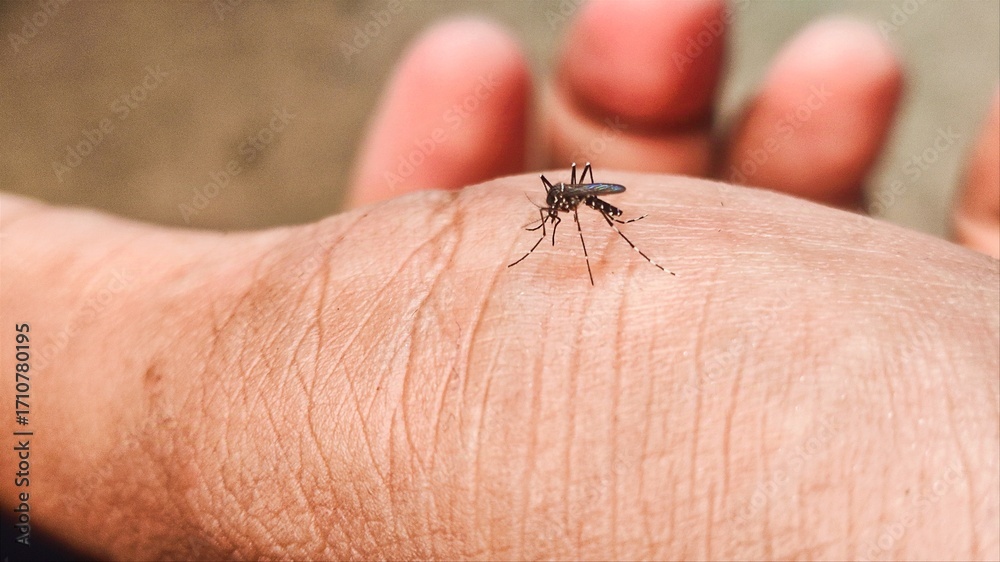 Obraz premium mosquito spreads the dengue virus through its bite into the skin, Mosquitoes bite the skin