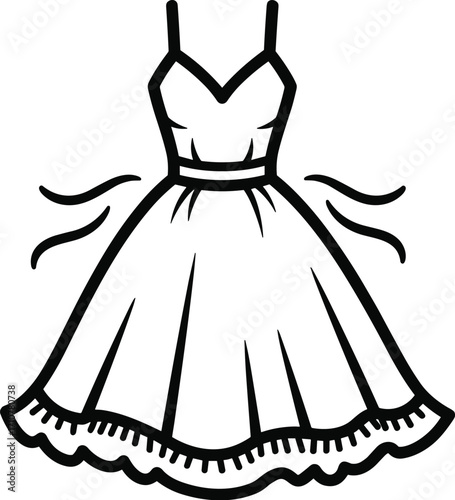 Elegant A‑line dress with sweetheart neckline, thin straps, belted waist, pleated skirt, ruffled hem, fashion vector illustration for clothing design