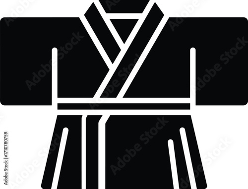 Black and white martial arts gi silhouette with belt, long sleeves, V‑neck collar, traditional uniform design vector illustration for training