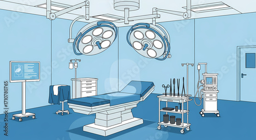 Modern Operating Room with Surgical Equipment and Medical Devices