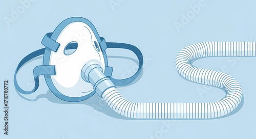 Ventilation Mask with Corrugated Hose on Light Blue Background