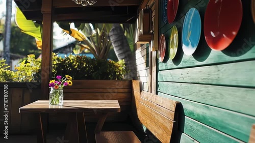 Charming outdoor café with colorful plates and a vibrant atmosphere