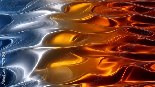 Abstract fluid patterns of blue, silver, and orange tones