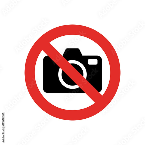 No photography sign with camera icon inside a red circle and a diagonal line indicating forbidden access and restriction of taking pictures