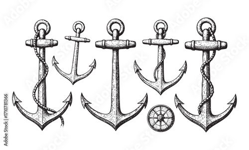 Vintage Nautical Anchor Set Engraving Vector