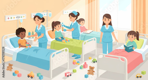 Nurses caring for children in a hospital ward, promoting a healing and playful environment with toys.