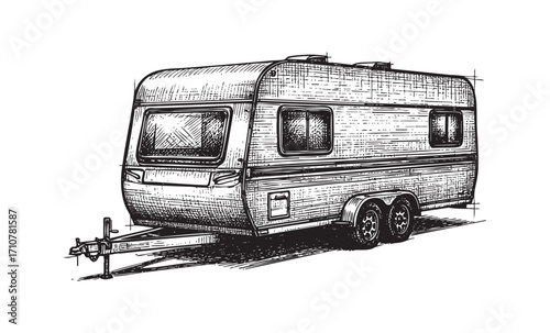 Retro Camper Trailer Ready for a Vacation Road Trip, Hand Drawn Caravan in a Vintage Engraving Style