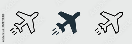 Airplane icon set representing air travel flight and transportation options for vacations and business trips across the globe