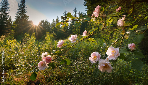 Wild Roses Bloom Naturally On A Vine In A Serene Forest