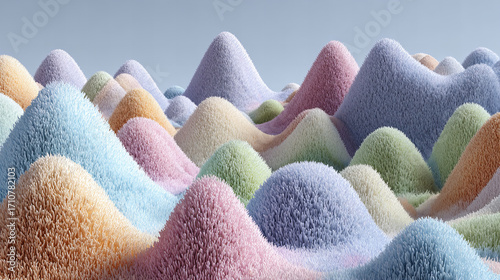 Surreal pastel mountains made of abstract textured shapes and soft organic forms resembling fantasy landscapes with unique sculptural details