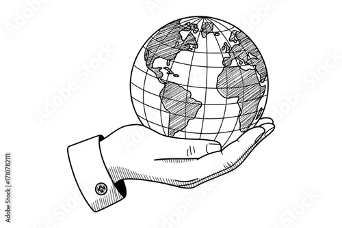 Hand Holding Globe Sketch Representing Global Business International Relations and Worldwide Connections a Hand Drawn Illustration
