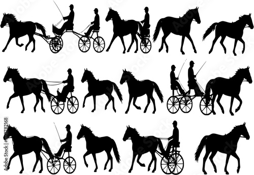 Horse combined driving, Harness racing, horse pair carriage, marathon, vector pony silhouette, equestrian sport, isolated on white background, horse silhouette, set of horse, collection