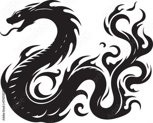 Mystical black dragon silhouette with fiery tail emerging from shadows